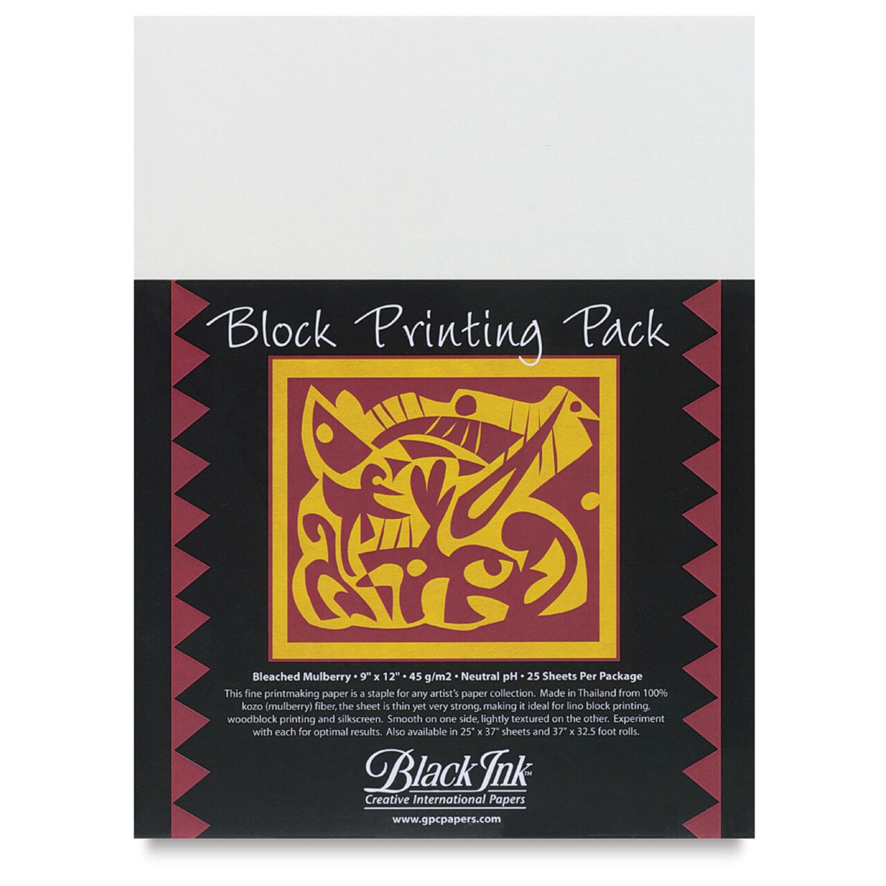 Black Ink Block Printing Pack - 9" x 12", Bleached Mulberry, 25 Sheets